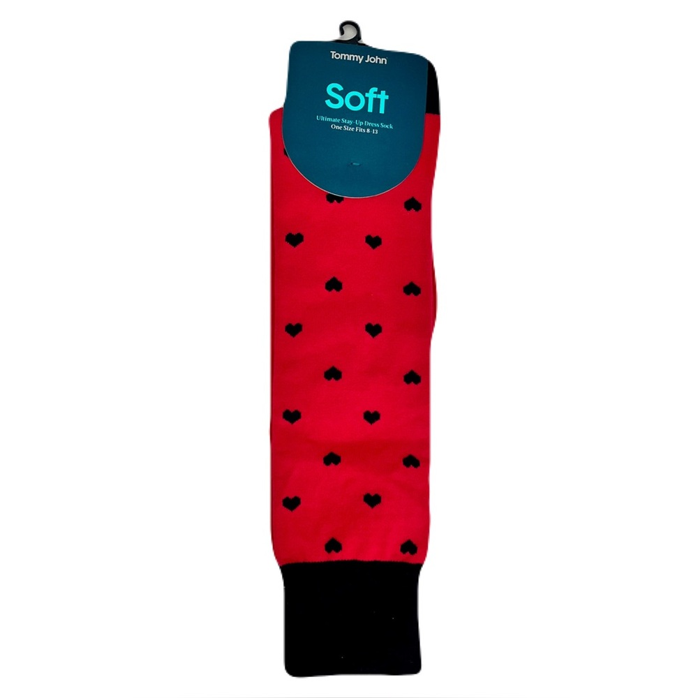 NWT Tommy John Red with Black Hearts Stay-Up Dress Socks, Size 8-13